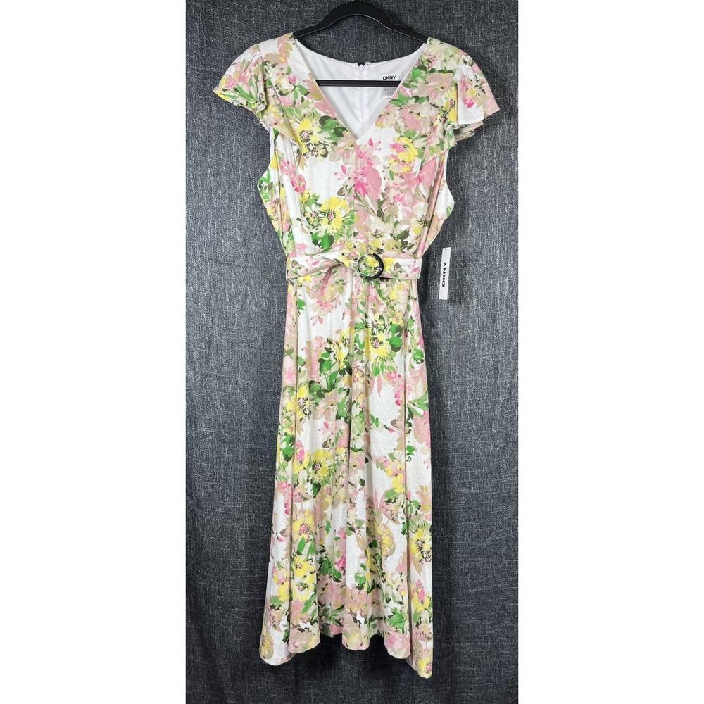 $134 NWT DKNY Sz 16 Dress Linen Blend Floral Flutter Sleeve Fit Flare Midi Belt